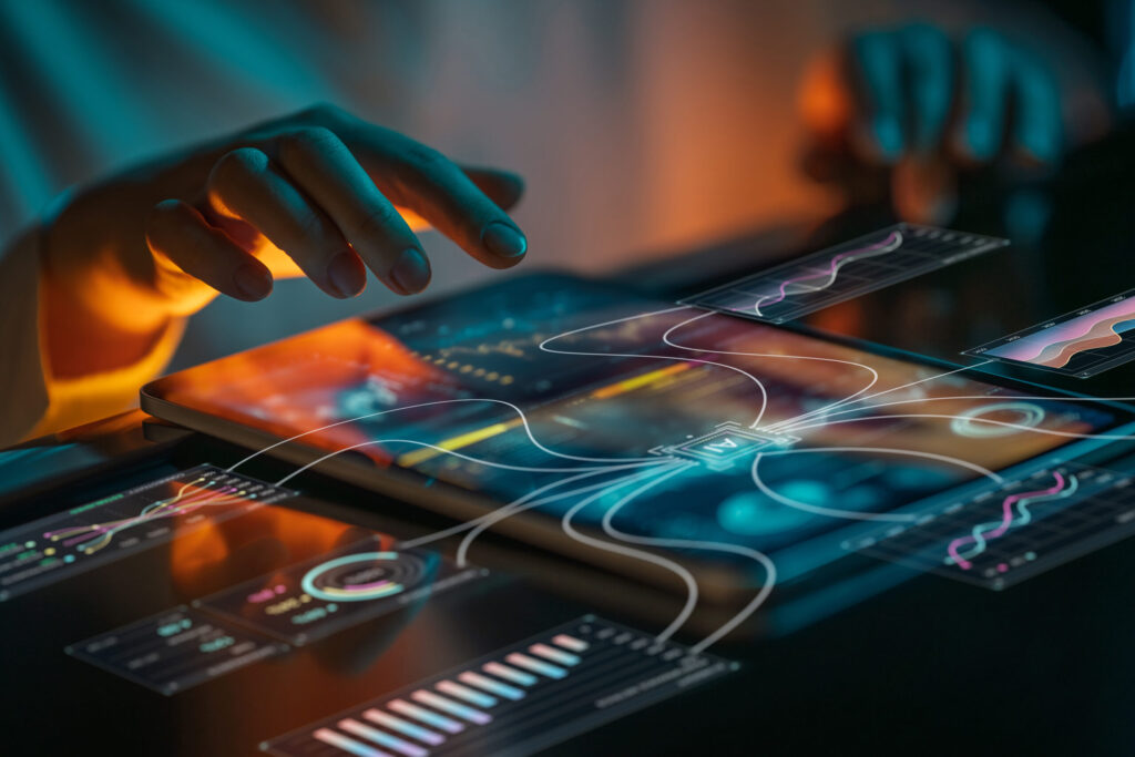 Dynamic and immersive image showcasing a modern business professional interacting with an advanced digital user interface on a tablet, featuring vibrant data analytics, interactive graphs, and futuristic visual effects. Perfect for illustrating innovation, big data trends, financial technology, and digital transformation in the business world.